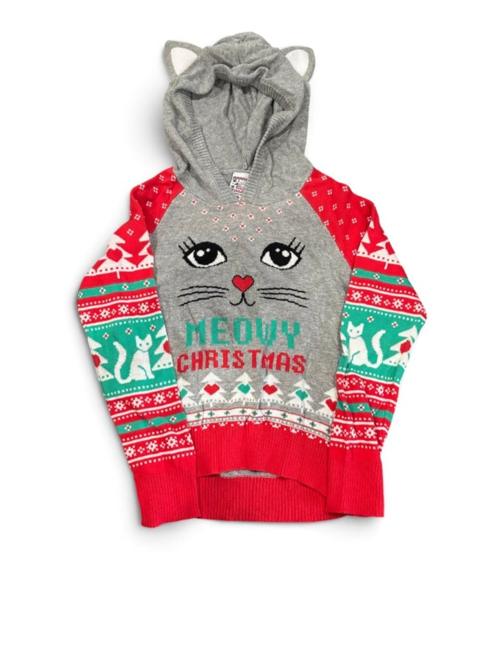 Well Worn XS 4-5 Childs Holiday Hooded Pullover Sweater Meowy Christmas